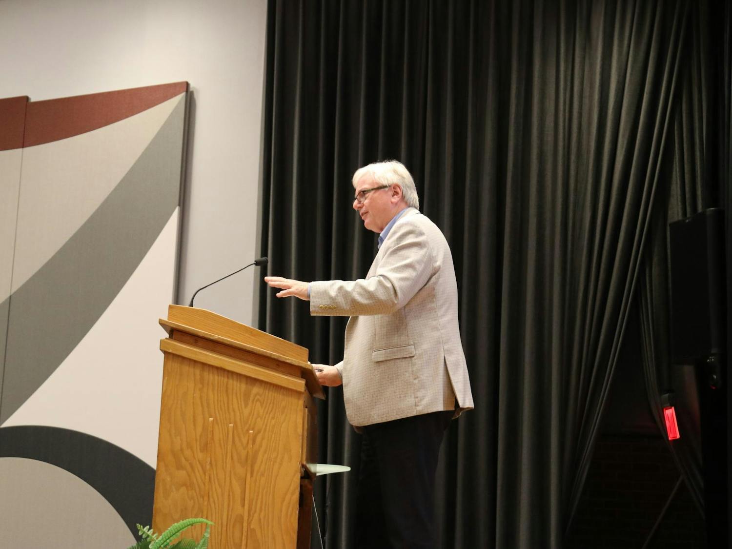 FILE — Faculty members from the University of South Carolina gather on Wednesday afternoon to listen and ask questions to USC President Michael Amiridis and board of trustees chair Thad Westbrook. President Amiridis speaks to the gathered faculty.