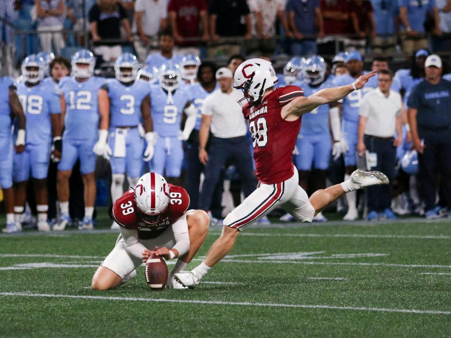Senior placekicker Mitch Jeter scores a field goal for the Gamecocks. The University of North Carolina defeated the University of South Carolina 31-17 on Sept. 2, 2023.