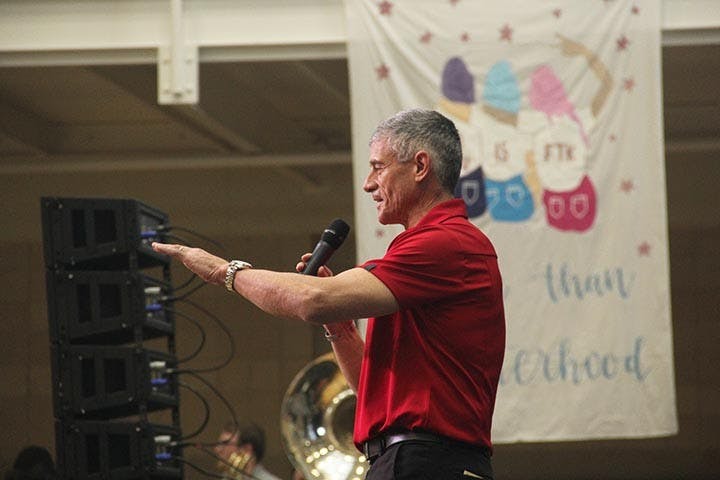 &nbsp;President Caslan addresses the crowd at Dance Marathon on Friday, February 29th, 2020.&nbsp;