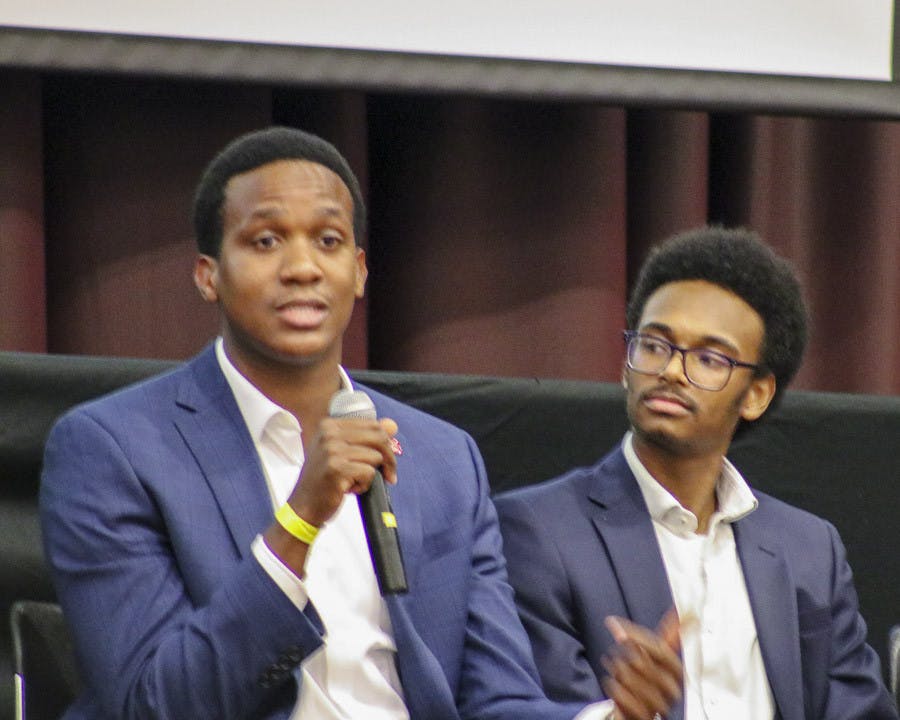 Wilfredo Anderson, a senior consultant at Ernst &amp; Young LLP, takes questions from the audience during the Alpha Kappa Psi '‘Being Black in the Workspace" event in the Russell House Ballroom on Feb. 20, 2023. Anderson received his Bachelor of Business Administration from USC's Darla Moore School of Business.
