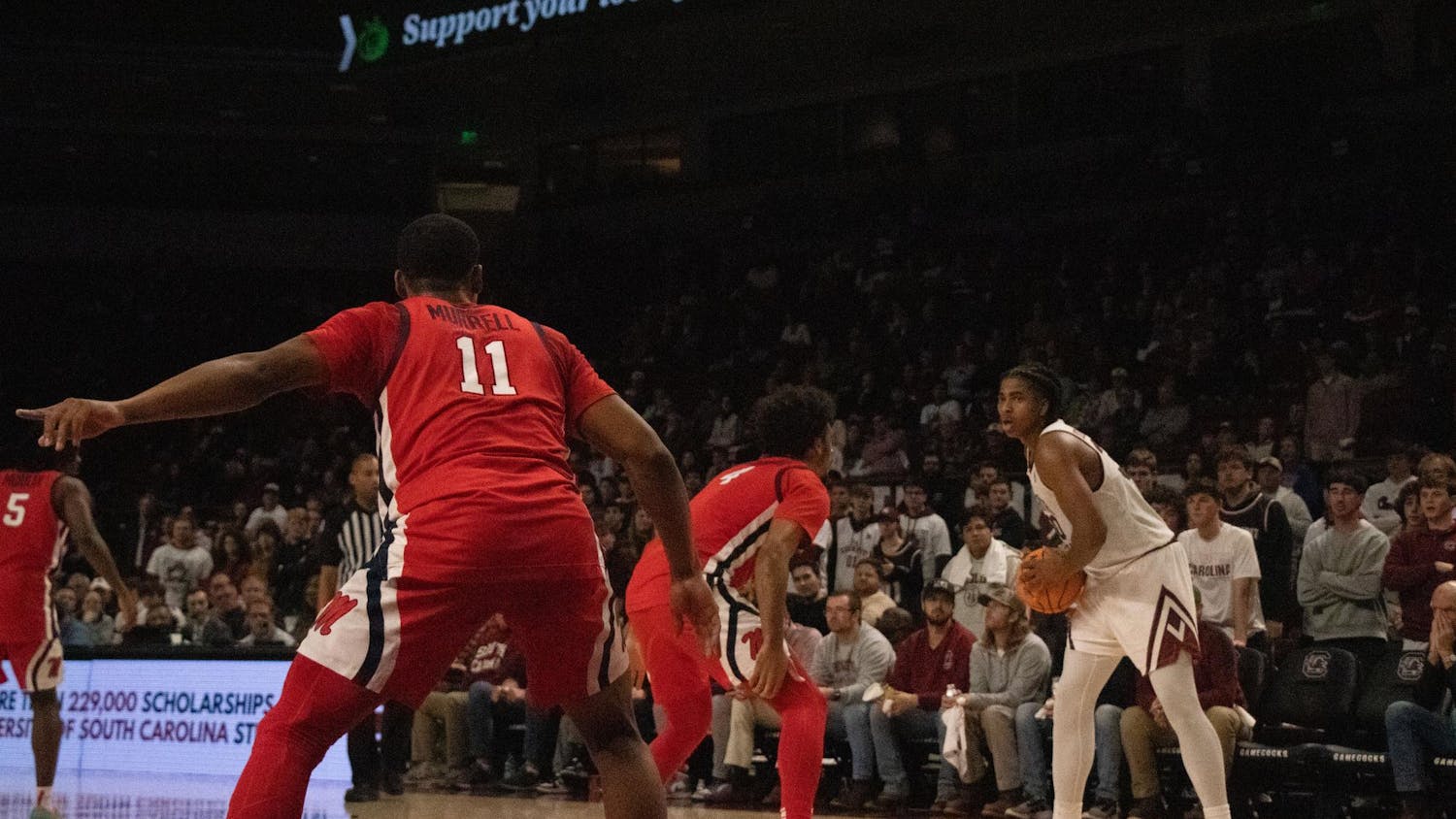 Sophomore forward Collin Murray-Boyles looks for a teammate to pass to during the Gamecocks' matchup against No. 19 Ole Miss at Colonial Life Arena on Feb. 12, 2025. The Gamecocks were defeated 72-68 in a close game with the Rebels.