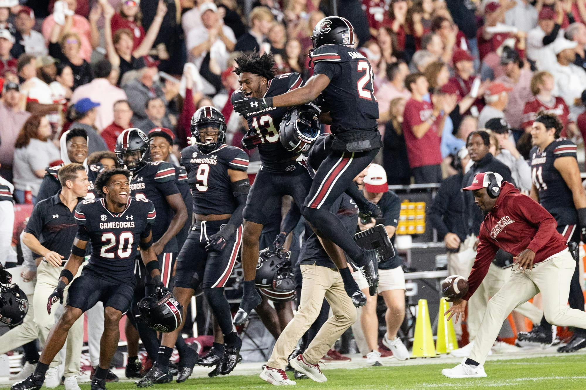 Sophomore defensive back Nick Emmanwori celebrates with sophomore defensive back Kajuan Banks after Emmanwori intercepted a Kentucky pass. The Gamecocks defeated the Wildcats 17-14 in Williams-Brice Stadium on Nov. 18, 2023.