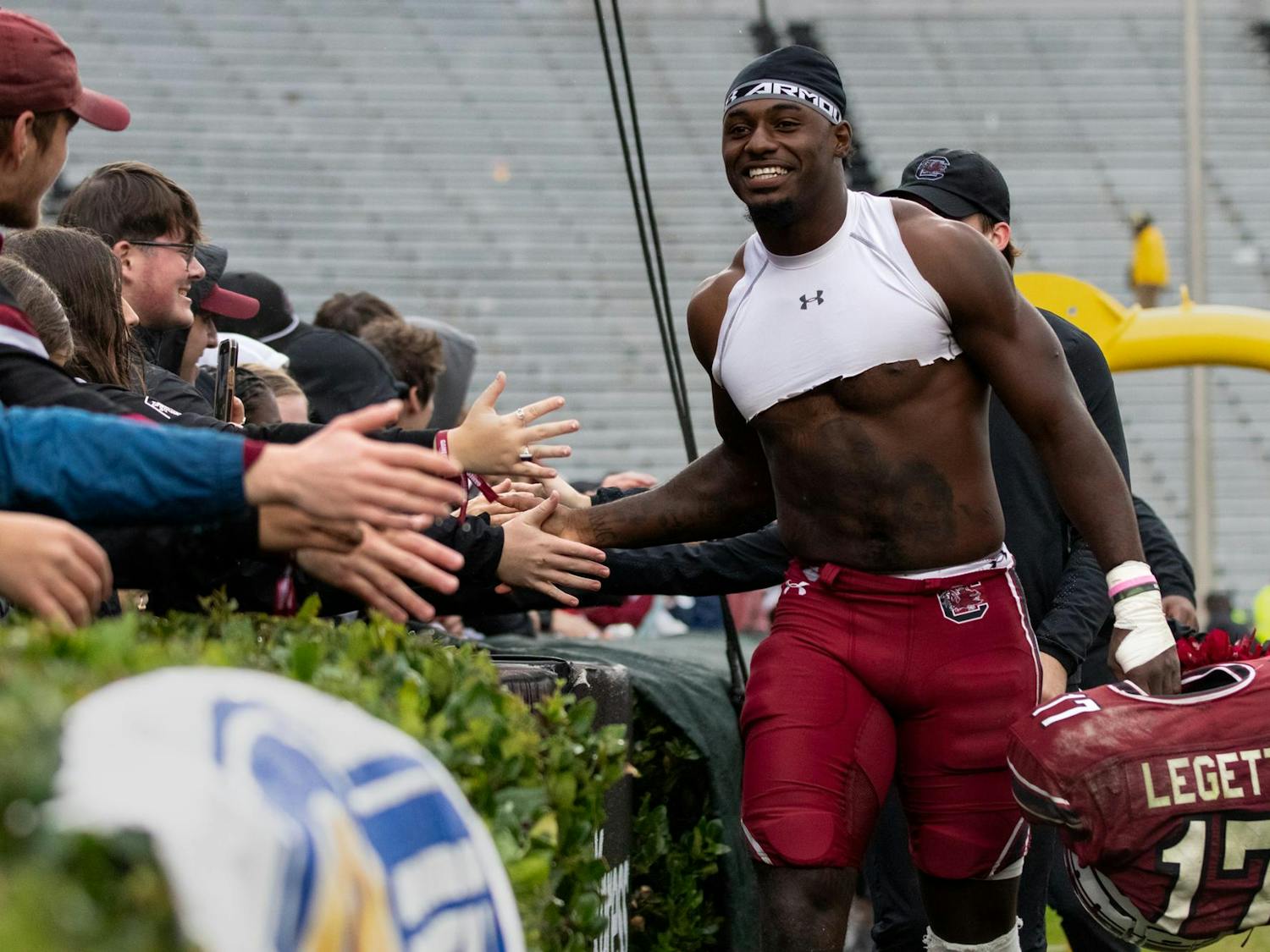 Members of the South Carolina football team high-five students following the game against Vanderbilt on Nov. 11, 2023. Fifth-year wide receiver Xavier Legette made nine receptions during the game and has five touchdowns on the season.