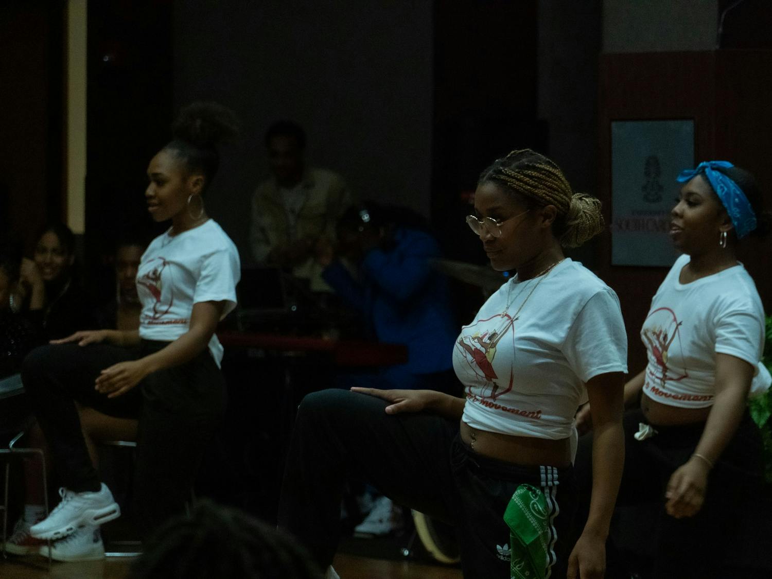 Dance group Melanin Movement performs a choreographed step routine during the talent showcase at Back II Black on Feb. 25, 2022. The Back II Black talent showcase included a variety of performances including original songs, dancing, and spoken word poetry. 