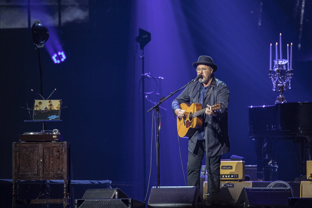 Eagles guitarist Vince Gill plays the acoustic guitar during the band's performance of "Hotel California" at Colonial Life Arena on March 30, 2023. The guitarist joined the band after Glenn Frey, the original guitarist, died in 2016.&nbsp;