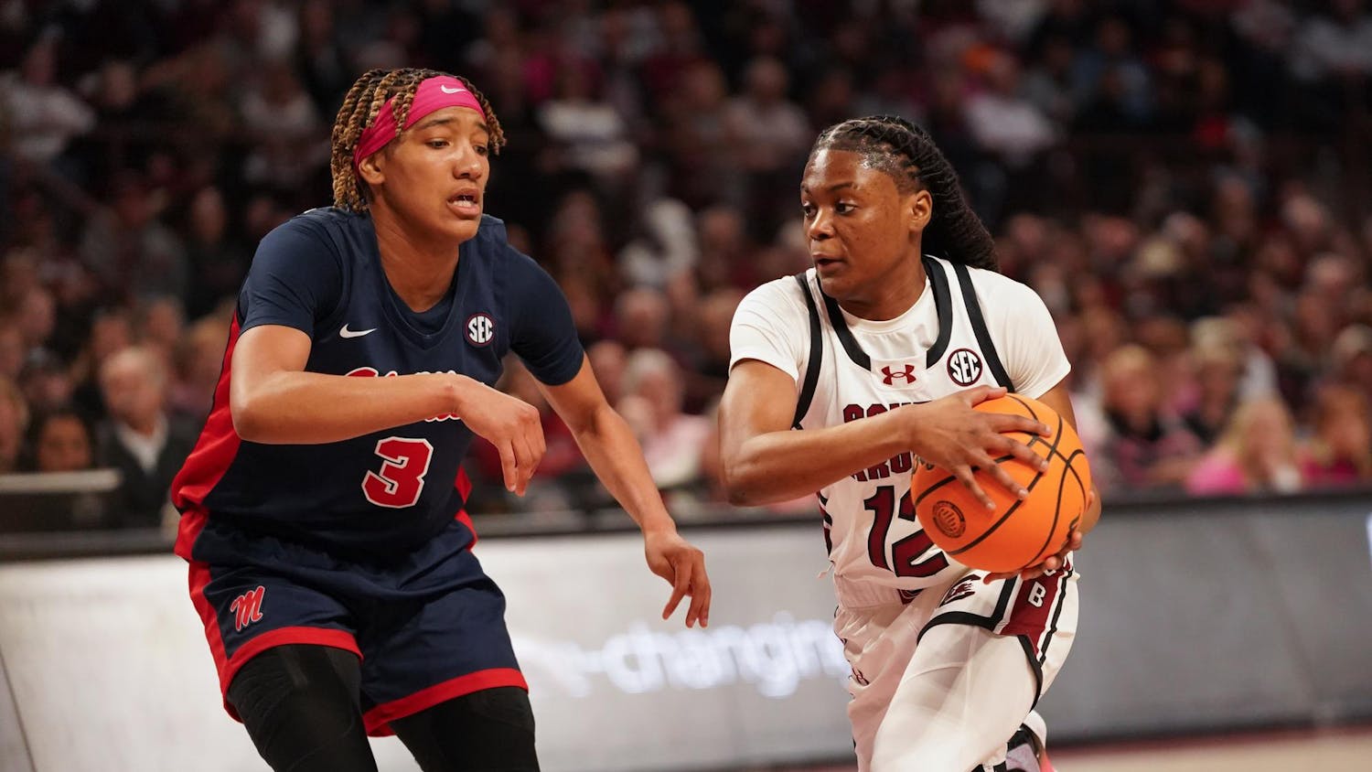 Freshman guard MiLaysia Fulwiley dribbles down the court during the Gamecocks' 85-56 victory over the Ole Miss Rebels on Feb. 4, 2024, at Colonial Life Arena. Fulwiley is a native of Columbia, South Carolina, and she has played in all 25 games this season for the Gamecocks.