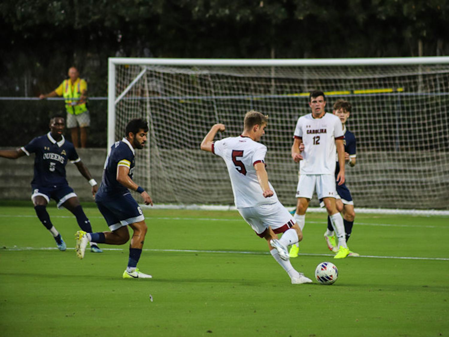 Freshman defensive midfielder William Nilsson attempts to shoot a goal during South Carolina's match against Queens University of Charlotte on September 20, 2022. The Gamecocks beat the Royals 3-1.