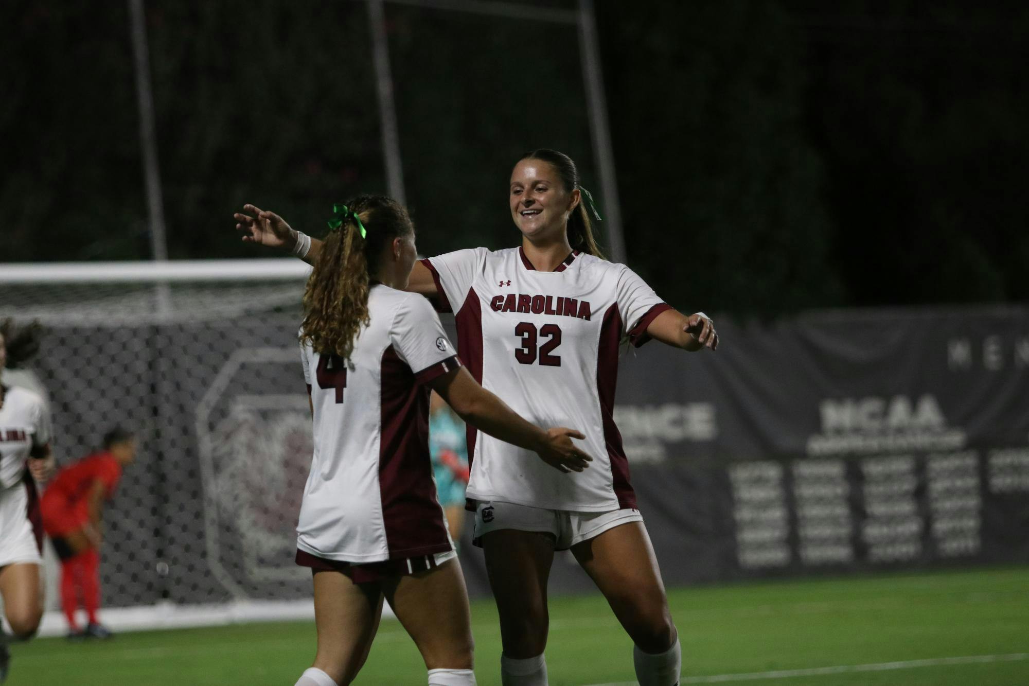 FILE — Sophomore forward Katie Shea Collins (left) and junior midfielder Cuyler Zulauf (right) celebrate a goal by Collins during a game against Ole Miss at Stone Stadium on Sept. 18, 2025. The Gamecocks are 9-1-2 on the season and are ranked #10 nationally.