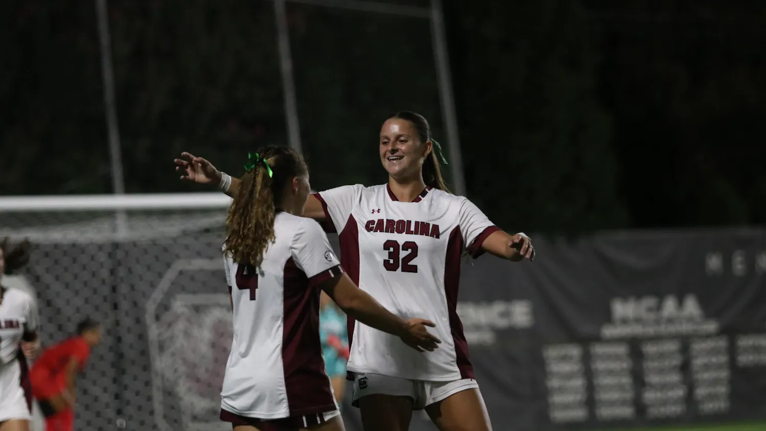 FILE — Sophomore forward Katie Shea Collins (left) and junior midfielder Cuyler Zulauf (right) celebrate a goal by Collins during a game against Ole Miss at Stone Stadium on Sept. 18, 2025. The Gamecocks are 9-1-2 on the season and are ranked #10 nationally.