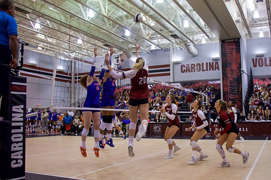 The Gamecocks rally together as a team to try and pull off a win against the Florida Gators during SEC play on Sept. 24, 2022.