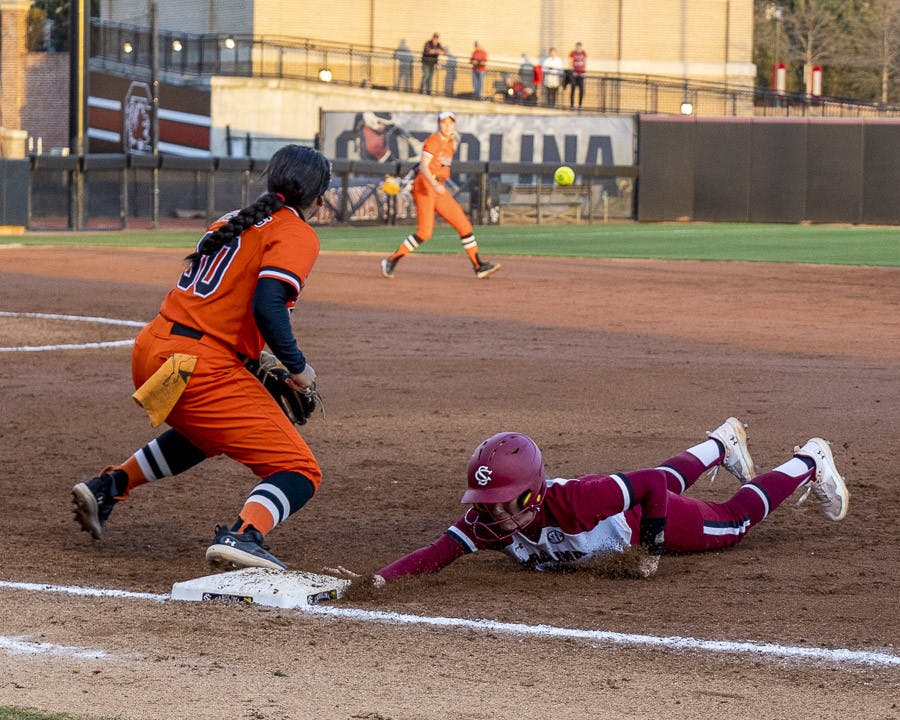 Sophomore outfielder Marissa Gonzalez is declared safe after sliding back to first base during the matchup between South Carolina and Campbell at Beckham Field on Feb. 19, 2023. The Gamecocks beat the Camels 2-1.