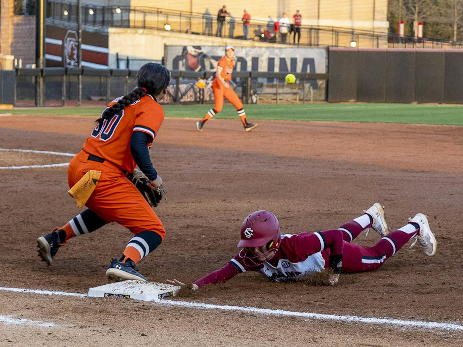 Sophomore outfielder Marissa Gonzalez is declared safe after sliding back to first base during the matchup between South Carolina and Campbell at Beckham Field on Feb. 19, 2023. The Gamecocks beat the Camels 2-1.