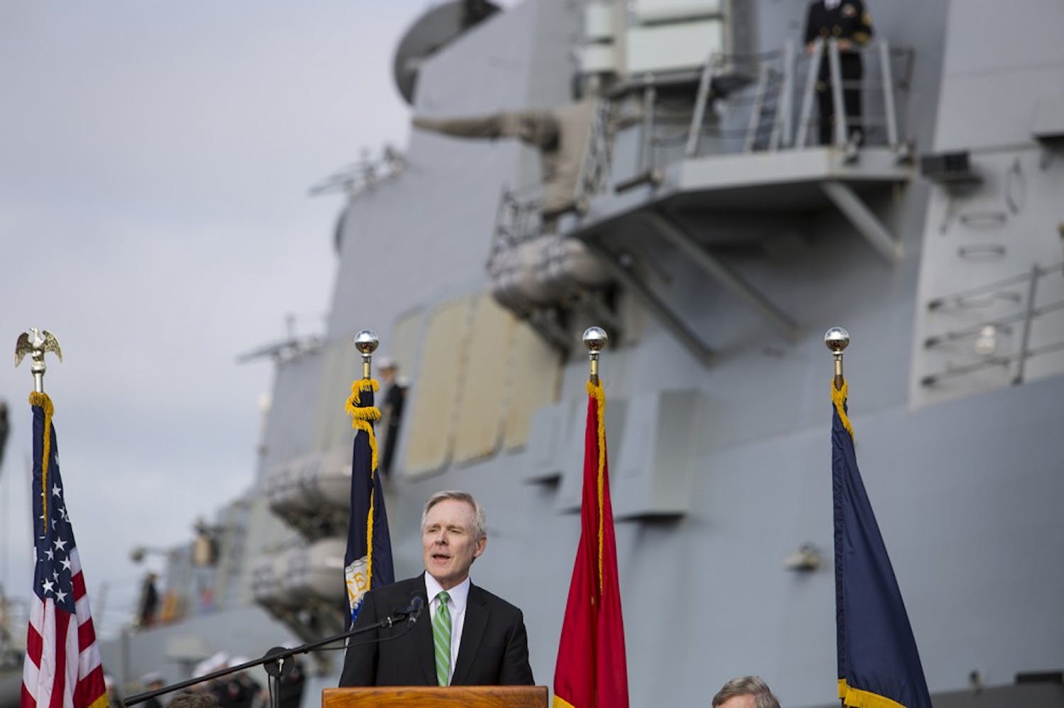 With guided missile destroyer USS Stockdale in the background, Secretary of the Navy Ray Mabus talks about how the Navy is creating the &quot;great green fleet,&quot; with the Stockdale becoming the first Navy ship to regularly run on a biofuel blend of traditional fuels and blend of cattle-fat that was turned into biodiesel. The Stockdale, part of the USS John C. Stennis Carrier Strike Group left North Island Naval Air Station on a seven-month deployment after the speech on Wednesday, Jan. 20, 2016. (Howard Lipin/San Diego Union-Tribune/TNS)