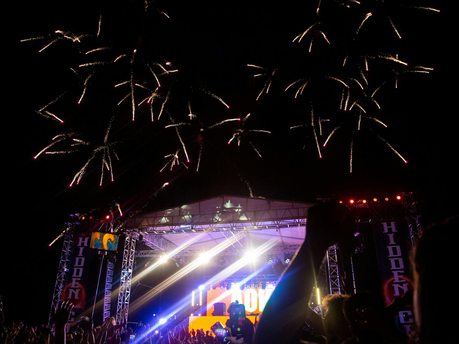 The night sky of Hidden City Music Festival becomes illuminated in Steve Aoki’s firework finale on April 22, 2023, at Columbia Historic Speedway. The festival headliners also included NGHTMRE and Champagne Drip.&nbsp;