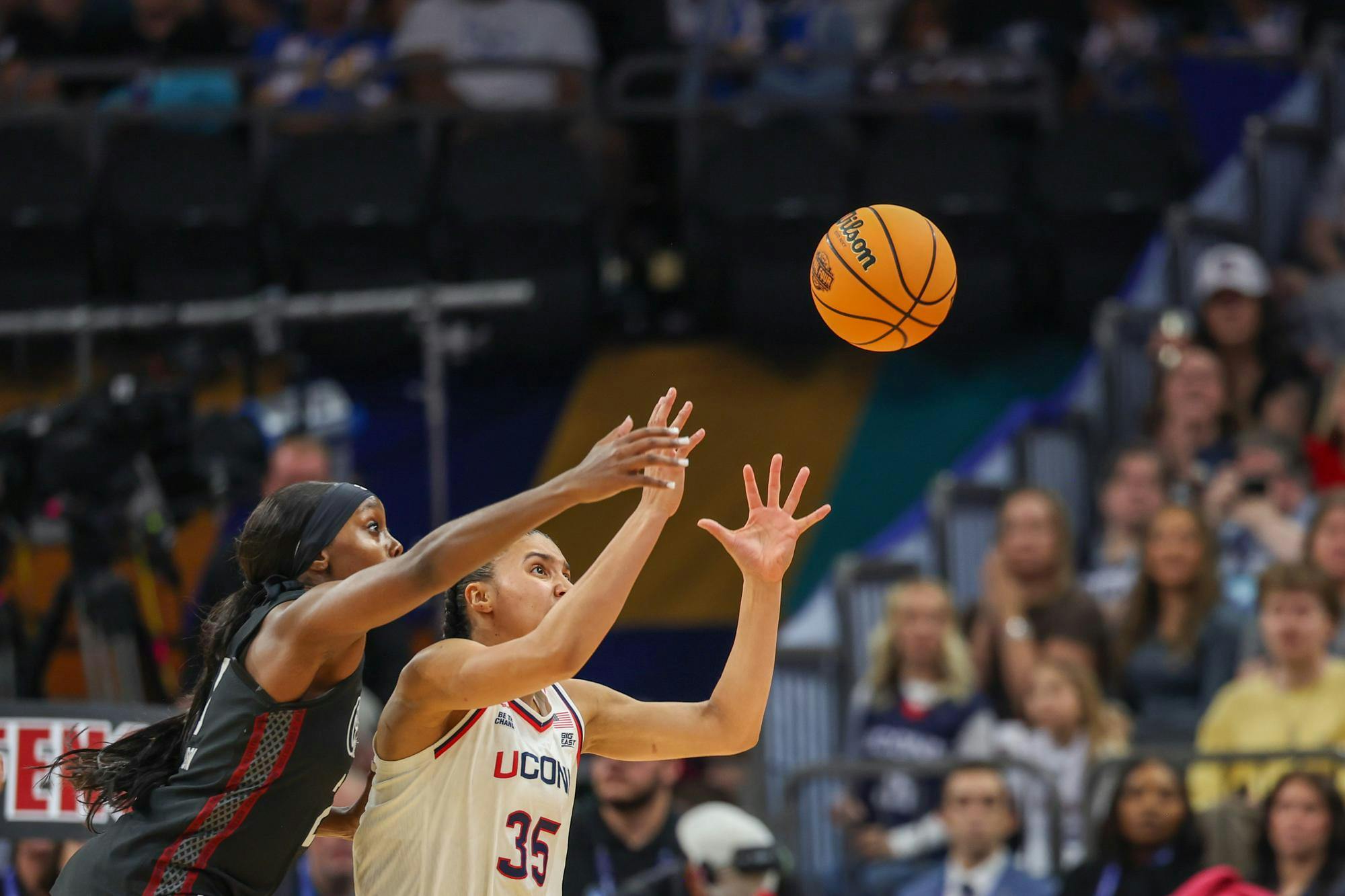 Senior guard Raven Johnson reaches for the ball during the semifinal game against UConn on April 3, 2026. Johnson scored only 2 points but had two steals and four rebounds.