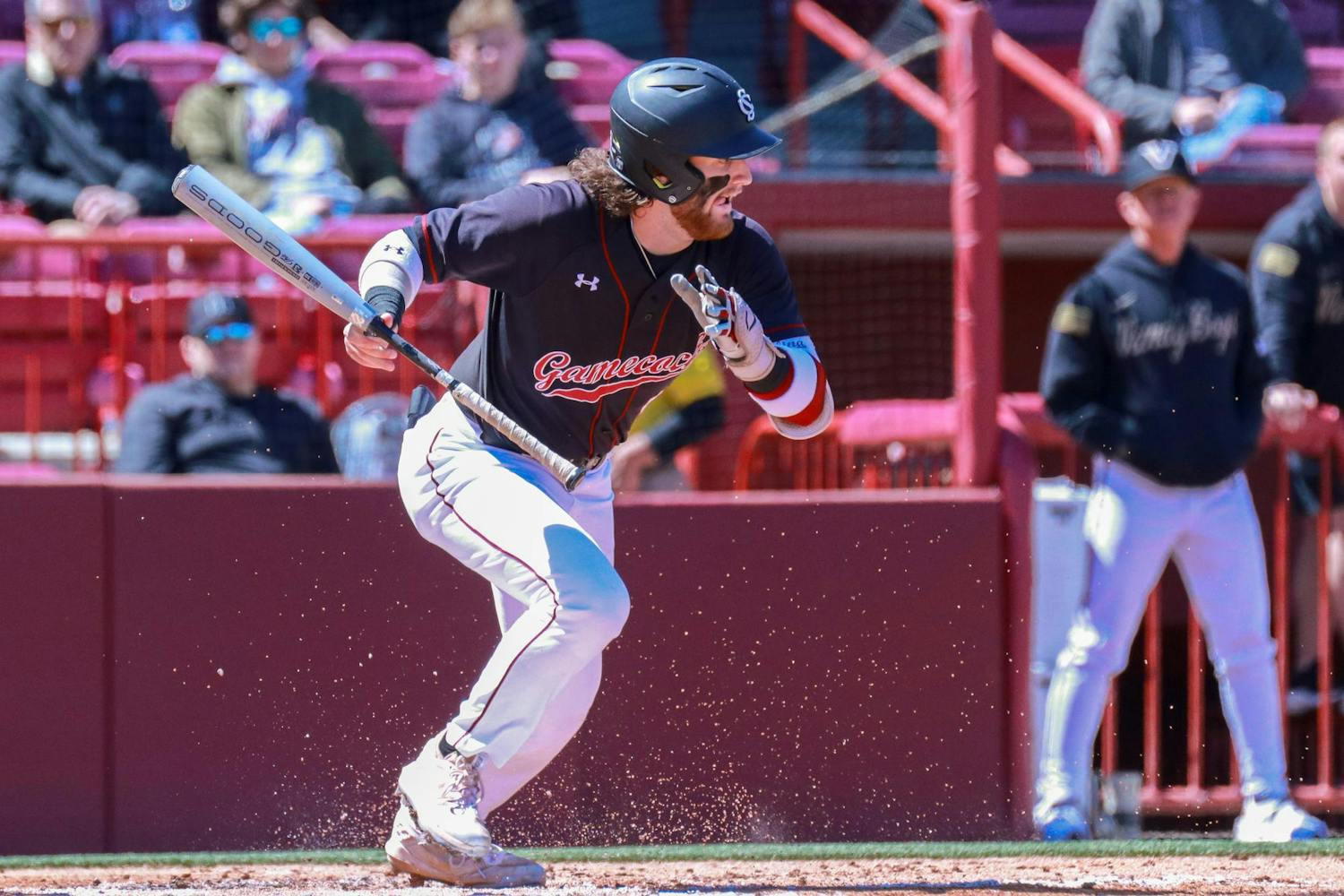 Junior infielder Talmadge LeCroy bunts a pitch from the Commodores at Founders Park on March 24, 2024. LeCroy scored 1 run in the ɫɫƵs' 10-2 victory that secured the sweep over Vanderbilt.