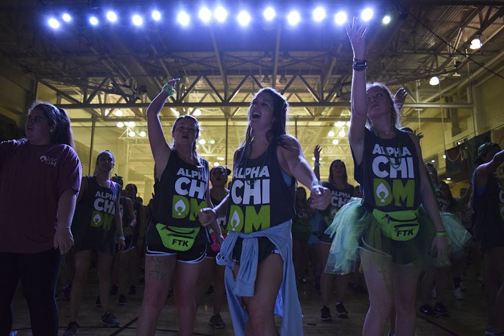 <p>Members of Alpha Chi Omega sing and dance in their Dance Marathon gear at the 2017 Dance Marathon.&nbsp;</p>