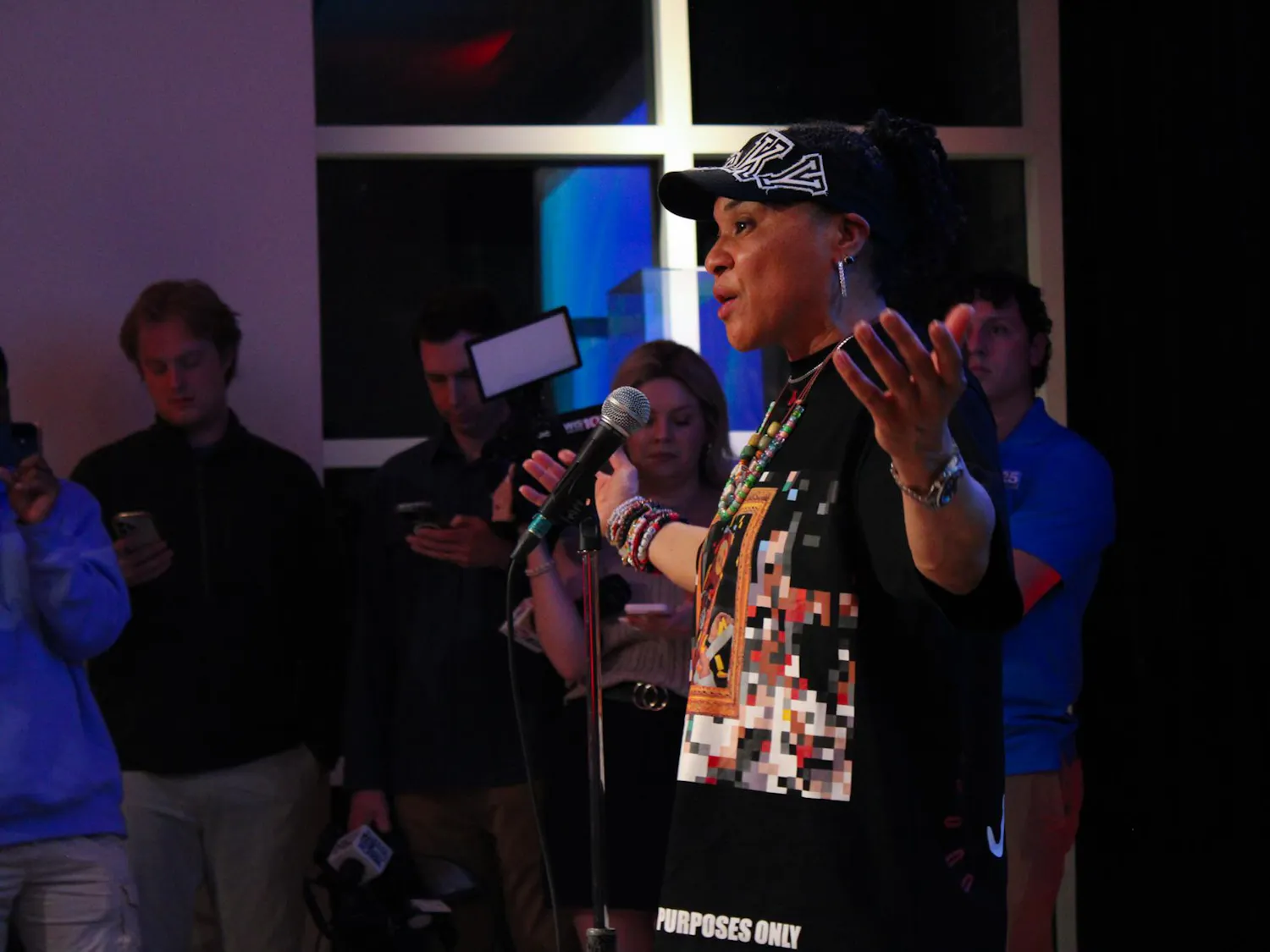 FILE — Dawn Staley speaks after the No. 1 seed selection of the South Carolina women's basketball team at the NCAA Selection Show fan event on March 15, 2026, at the Columbia Museum of Art. Staley was elected to the American Academy of Arts and Sciences 2026 class.
