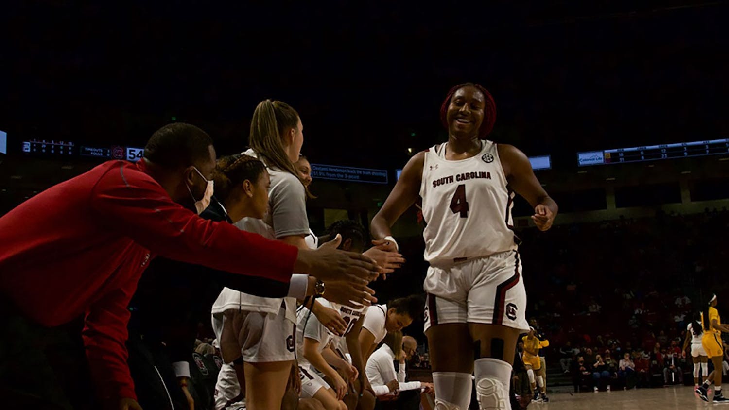 Junior forward Aliyah Boston's teammates congratulate her after making a layup in the game against North Carolina A&amp;T. The Gamecocks earned 79 points against the Aggies in Monday night's matchup&nbsp;in Columbia.&nbsp;