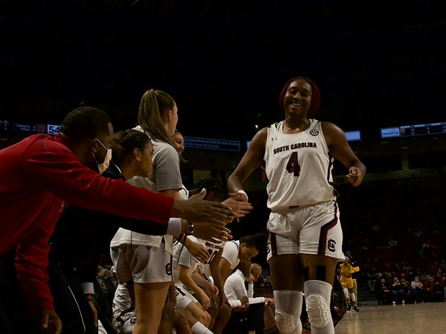 Junior forward Aliyah Boston's teammates congratulate her after making a layup in the game against North Carolina A&amp;T. The Gamecocks earned 79 points against the Aggies in Monday night's matchup&nbsp;in Columbia.&nbsp;