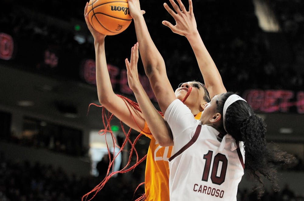 Sophomore center Kamilla Cardoso blocks a shot from the Tennessee Volunteers on Feb. 20, 2022 at Colonial Life Arena. The Gamecocks defeated the Volunteers 67-53 to protect their No. 1 rank in the country. 