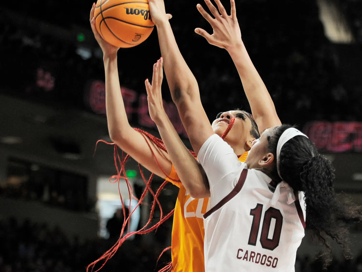 Sophomore center Kamilla Cardoso blocks a shot from the Tennessee Volunteers on Feb. 20, 2022 at Colonial Life Arena. The Gamecocks defeated the Volunteers 67-53 to protect their No. 1 rank in the country.