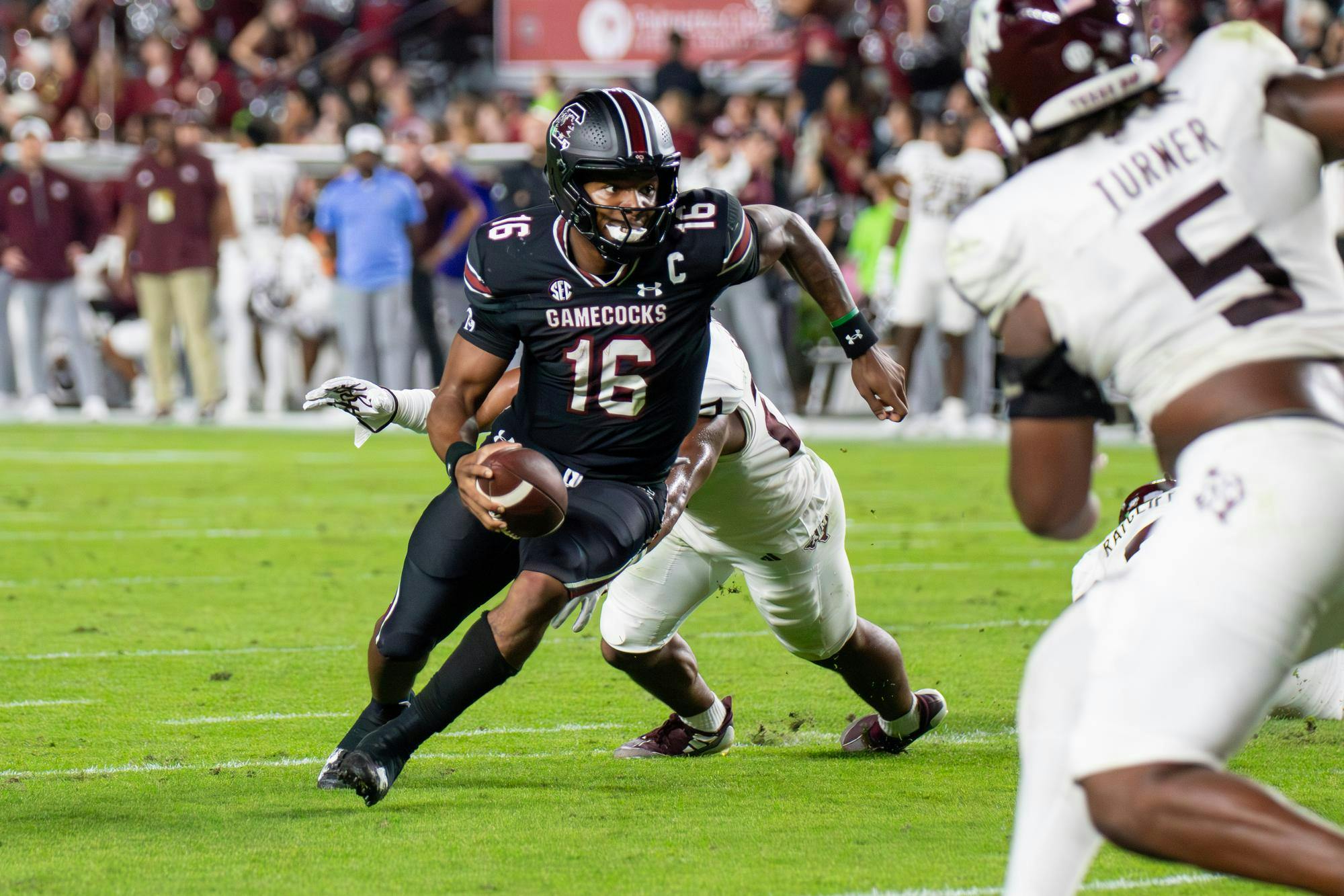 Redshirt freshman quarterback LaNorris Sellers runs the ball during a play at Williams-Brice Stadium on Nov. 2, 2024. South Carolina defeated No. 10 Texas A&amp;M 44-20, with Sellers contributing 106 rushing yards for the Gamecocks.
