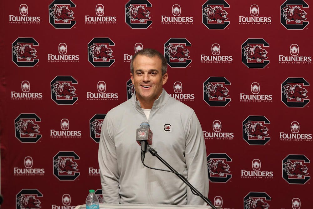 <p>FILE — Coach Shane Beamer speaks to the press on Nov. 12, 2024, at his weekly Beamer Presser. Beamer expressed his excitement for this week's matchup against a ranked opponent and hoped the atmosphere would be electric.</p>