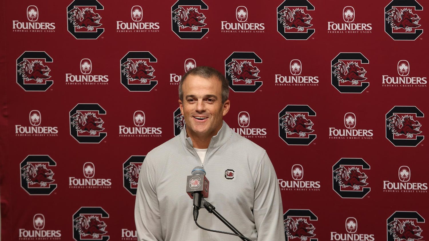 FILE — Coach Shane Beamer speaks to the press on Nov. 12, 2024, at his weekly Beamer Presser. Beamer expressed his excitement for this week's matchup against a ranked opponent and hoped the atmosphere would be electric.