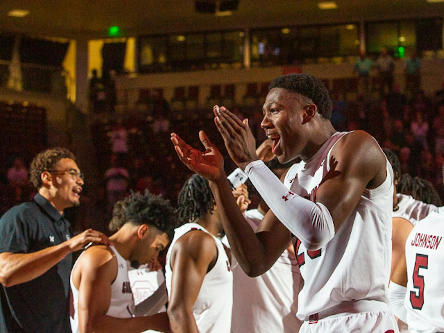 Freshman forward Gregory “GG” Jackson II radiates energy to his teammates during the Gamecocks introduction. The team kicked off their 2022-2023 season with an 80-77 win over the S.C. State Bulldogs with an 80-77 win on Nov. 8, 2022.