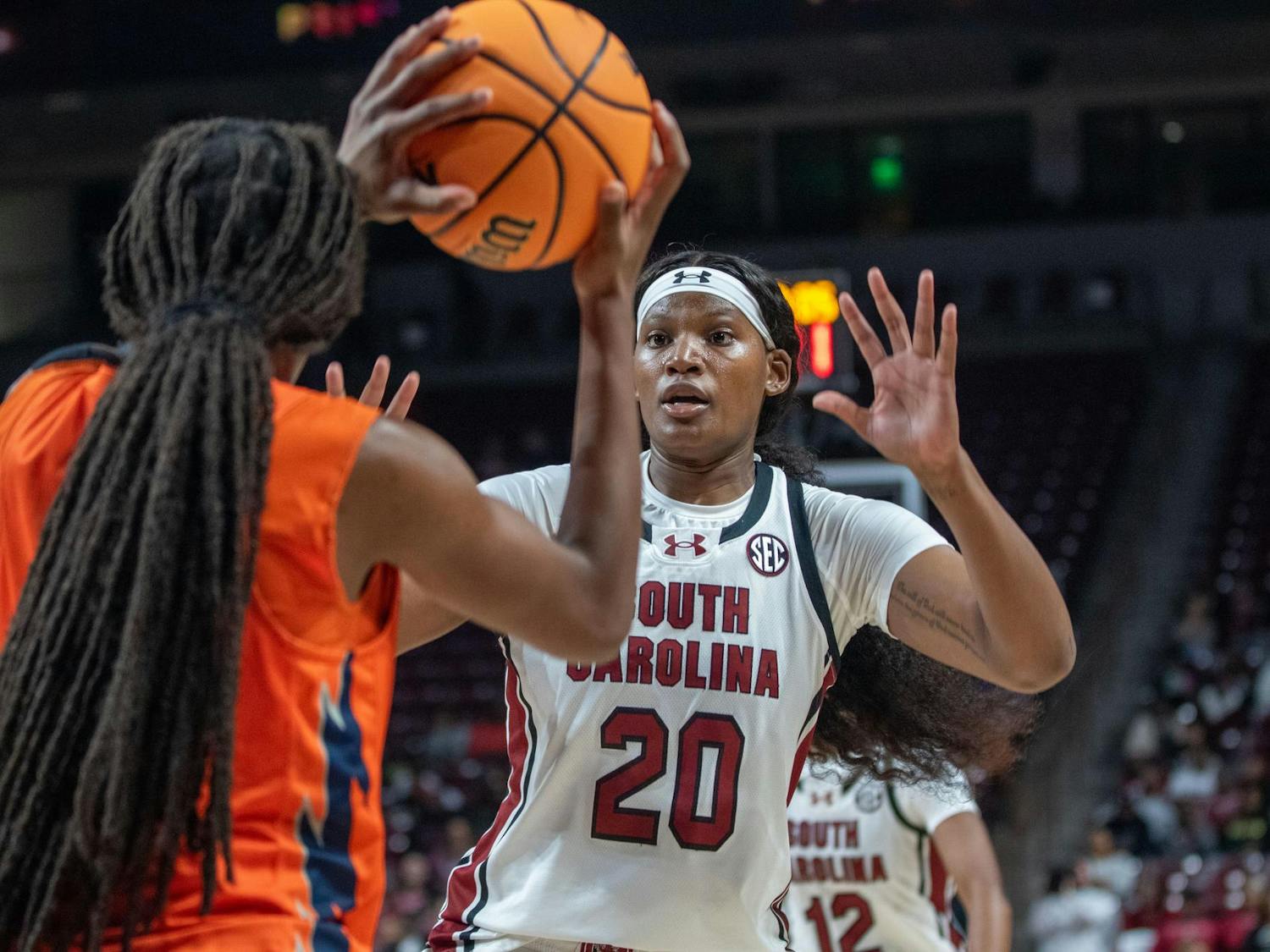 Fourth-year forward Sania Feagin blocks the ball against a Clayton State player on Oct. 28, 2024. The Gamecocks held their exhibition game at Colonial Life Arena, defeating Clayton State 126-42.