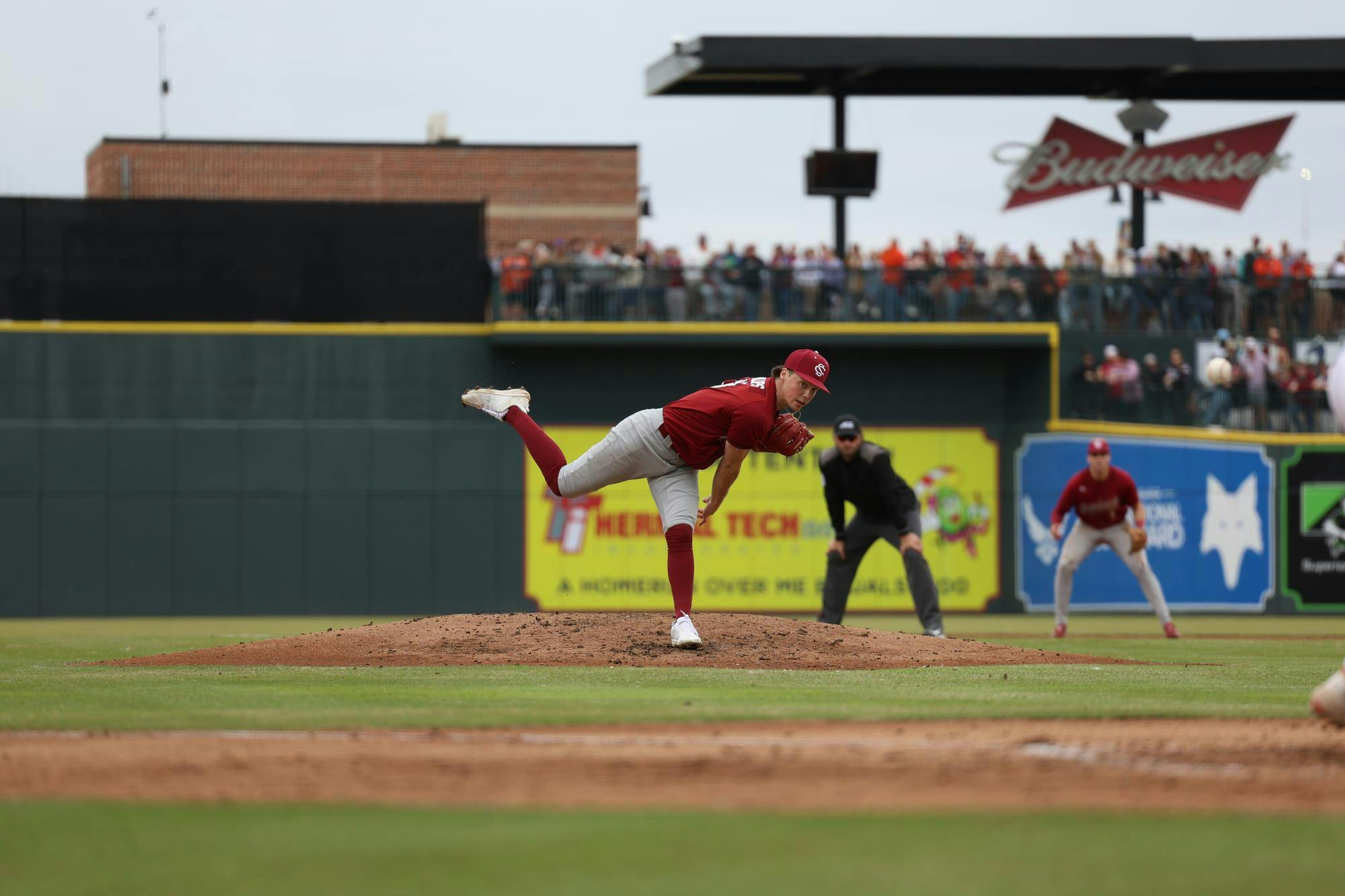 Junior right handed pictcher Amp Phillips pitches a strike against Clemson University at Segra Park on Feb. 28th 2026. The Gamecocks fell short to the Tigers 4-1.
