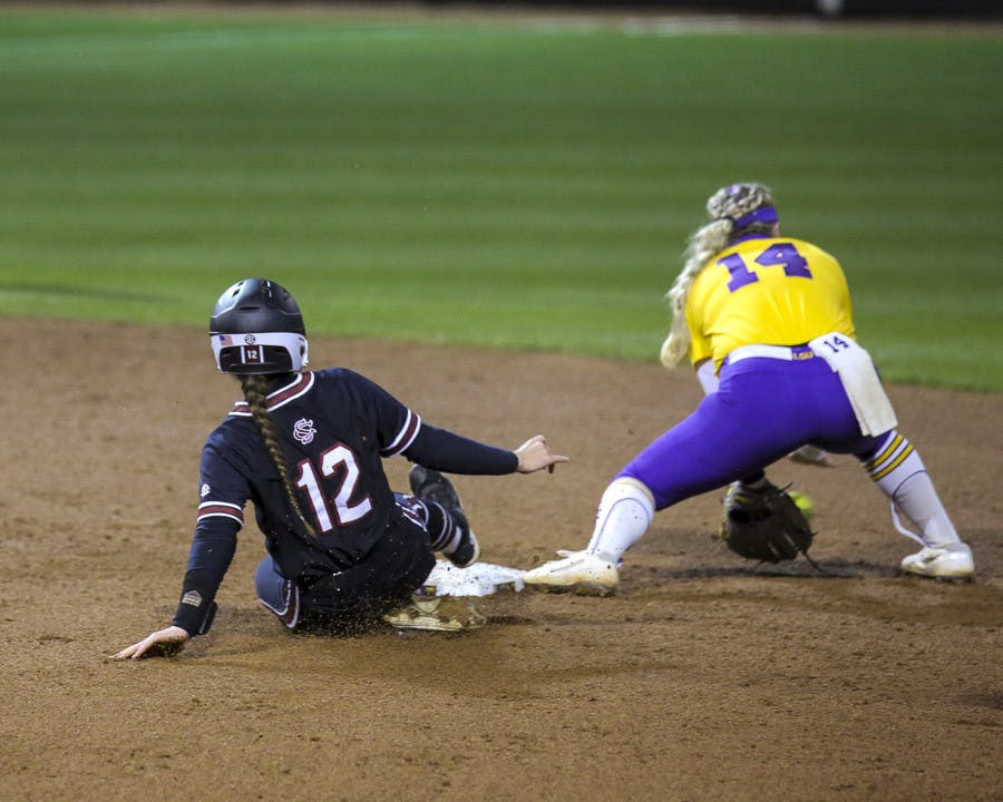 Sophomore outfielder Melissa Gonzales slides into second base during the second game of the doubleheader against LSU on March 13, 2023, at Beckham Field. The Tigers beat the Gamecocks 5-1.