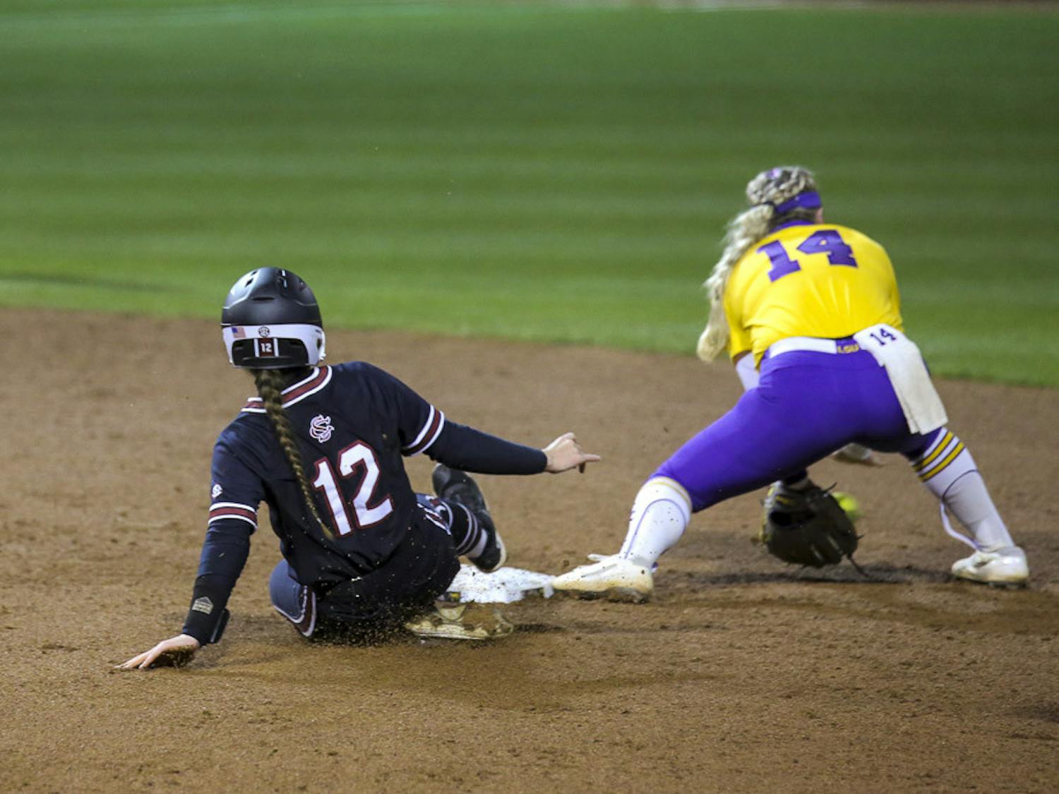 Sophomore outfielder Melissa Gonzales slides into second base during the second game of the doubleheader against LSU on March 13, 2023, at Beckham Field. The Tigers beat the Gamecocks 5-1.