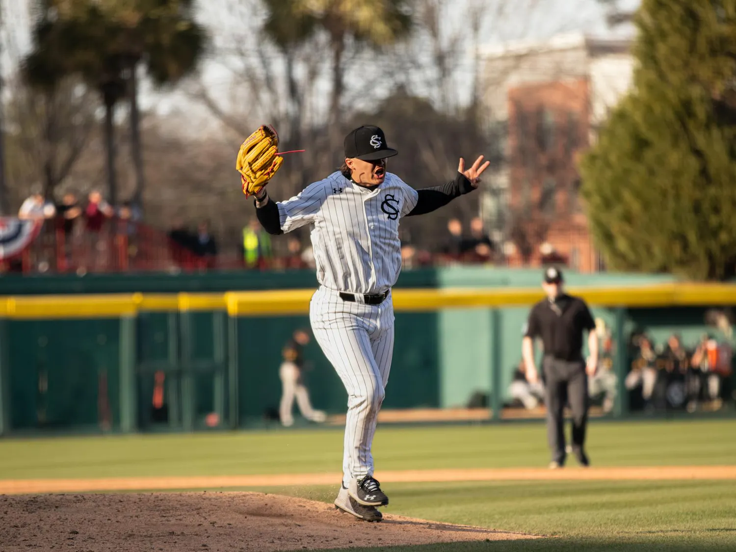 Junior left-handed pitcher Alex Valentin celebrates after an inning-ending strikeout during a game against Northern Kentucky Feb. 14, 2026, at Founders Park. Valentin is in his first season with the Gamecocks.