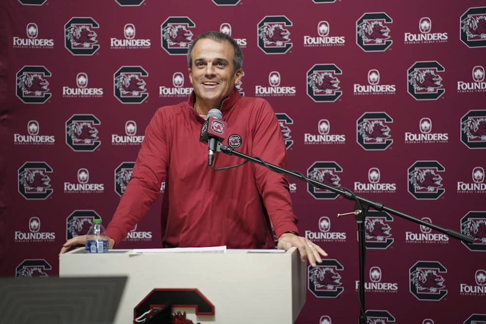 <p>Gamecock football head coach Shane Beamer addresses the media at the Gamecock Football Operations Center on Nov. 14, 2023. Beamer spoke about how he would like to end November with wins versus Kentucky and Clemson, which would allow South Carolina to go to a bowl game.</p>