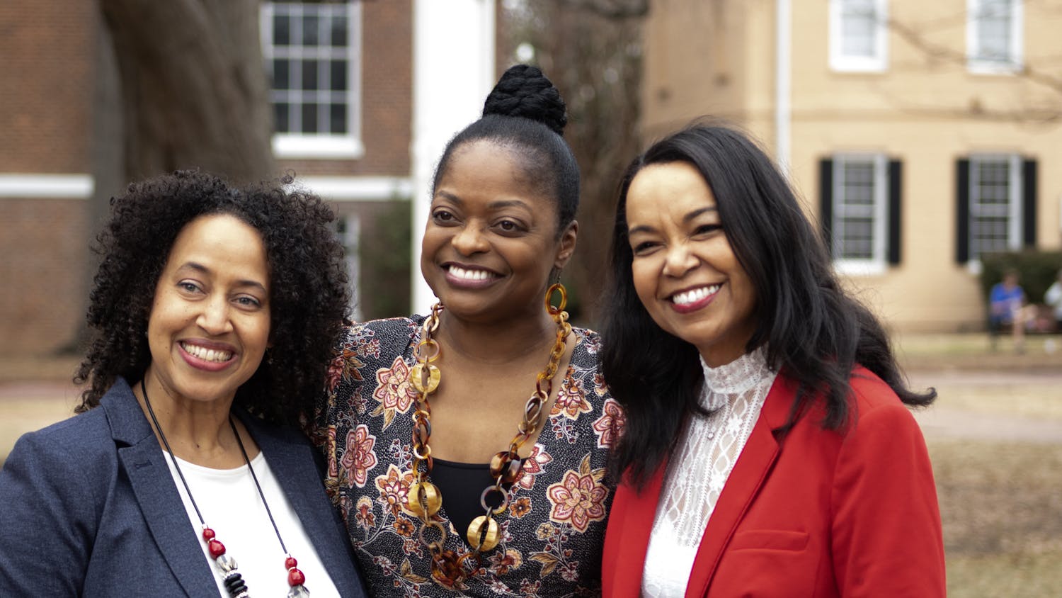 Three USC alumnae and interviews in the student documentary, "The Backbone," pose for a photo at the Horseshoe on Feb. 10, 2023. The Office of Diversity, Equity and Inclusion revealed 18 new bricks in honor of them women that created the film. 