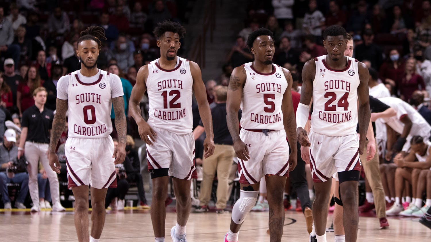 FILE— The South Carolina men’s basketball team walking up the court at Colonial Life Area in Columbia, SC during their game versus Louisiana State University on Feb. 19, 2022. The Gamecocks beat the Tigers 77-75.