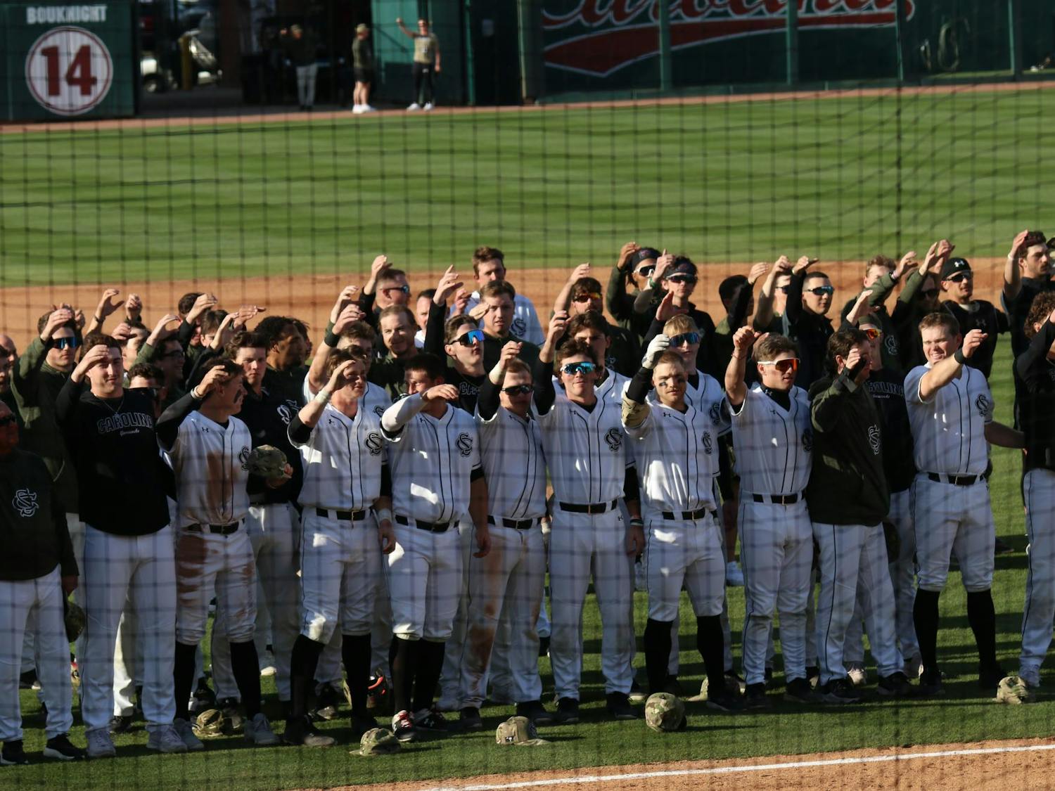 The Gamecocks offering a toast during the alma mater after a convincing win over Milwaukee at Founders Park on Feb. 23. This is the Gamecocks eighth win of the season, improving its record to an undefeated 8-0.