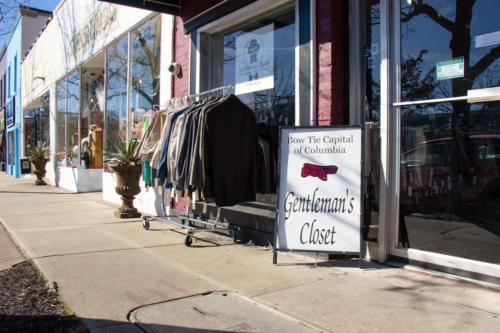 <p>A sign outside of the Gentleman’s Closet reads "Bow Tie Capital of Columbia" on Jan. 30, 2024. The shop, located on Saluda Avenue in Five Points, is one of the few men’s consignment stores in Columbia, South Carolina.</p>