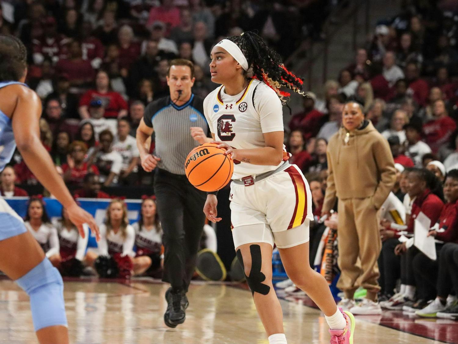 Senior guard Te-Hina Paopao drives the ball down the court for South Carolina in the second round of the NCAA Women’s Tournament against North Carolina on March 24, 2024. Paopao had six assists in the Gamecocks' 88-41 victory over the Tar Heels.