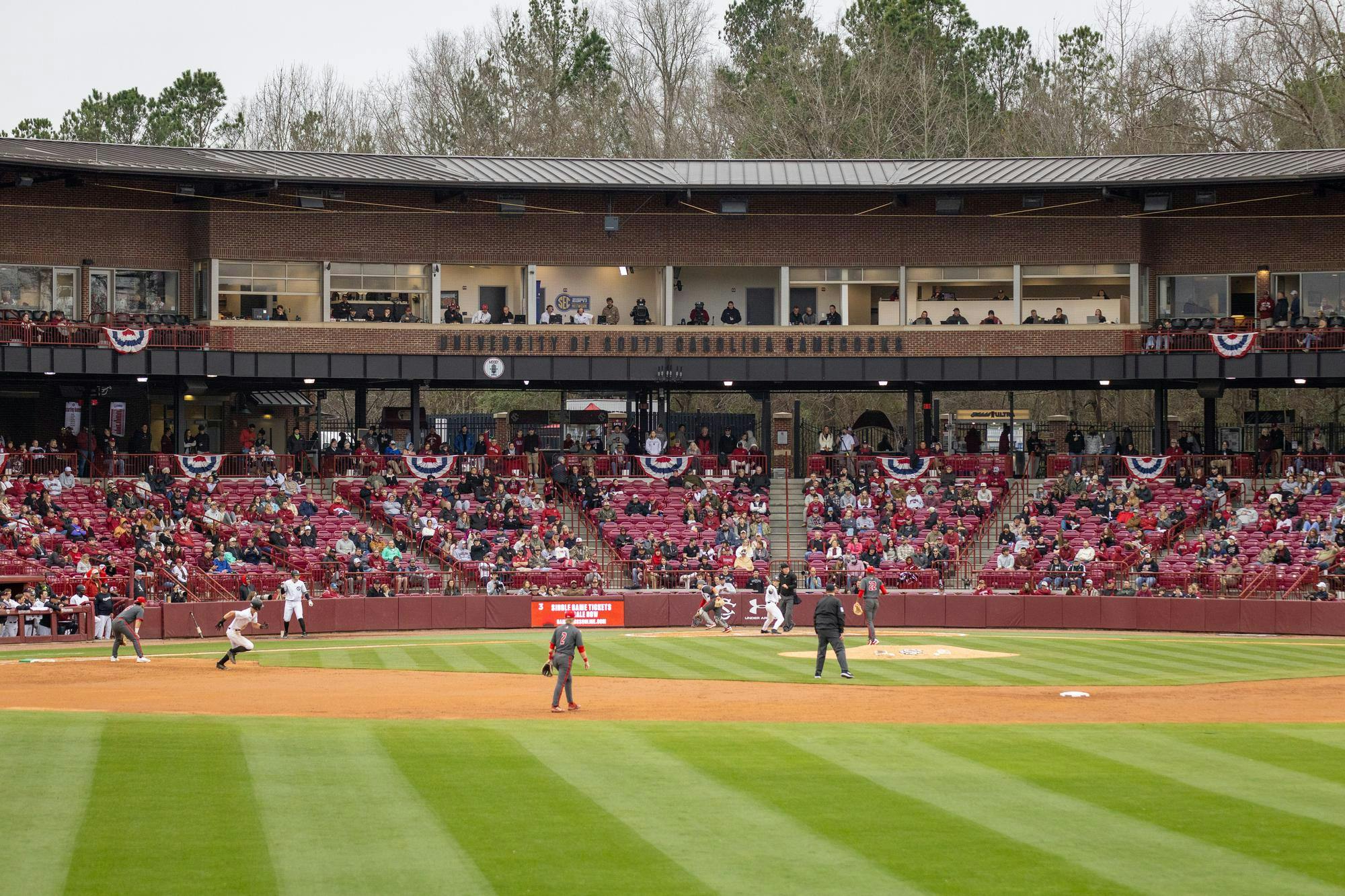 FILE —&nbsp;A view of Founders Park during a game between South Carolina and Sacred Heart University on Feb. 15, 2025. Former Gamecock pitcher Jordan Montgomery signed to play for the Texas Rangers in a one-year contract.