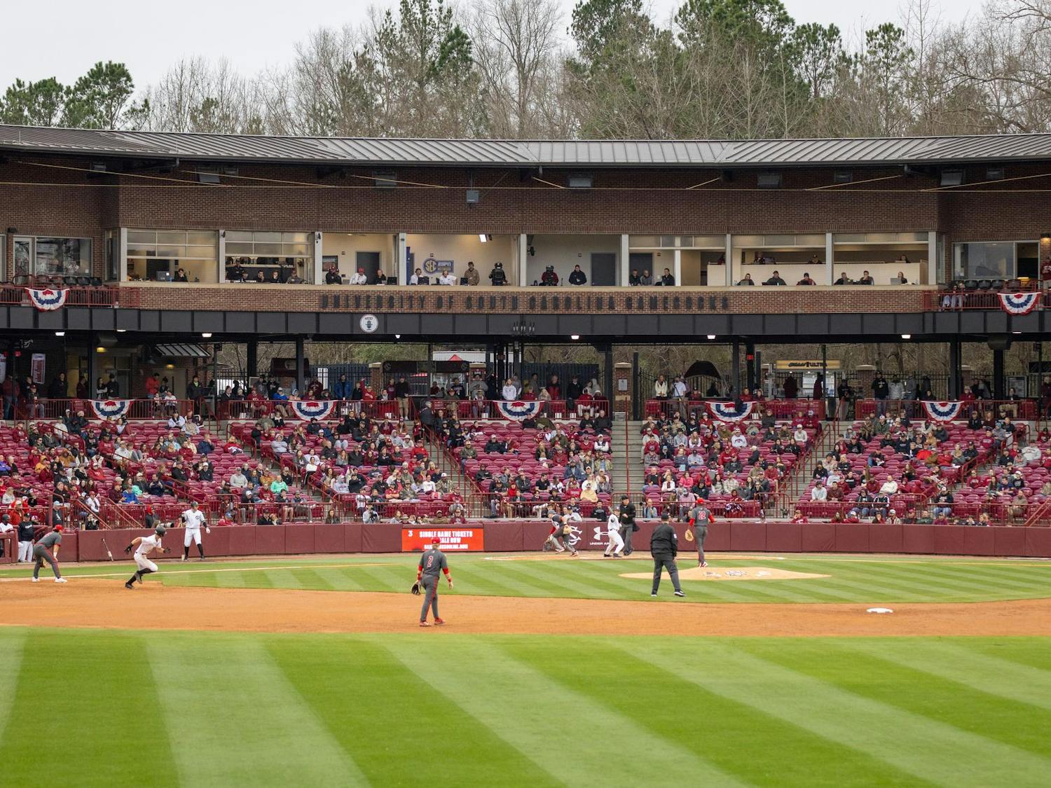 FILE — A view of Founders Park during a game between South Carolina and Sacred Heart University on Feb. 15, 2025. Former Gamecock pitcher Jordan Montgomery signed to play for the Texas Rangers in a one-year contract.