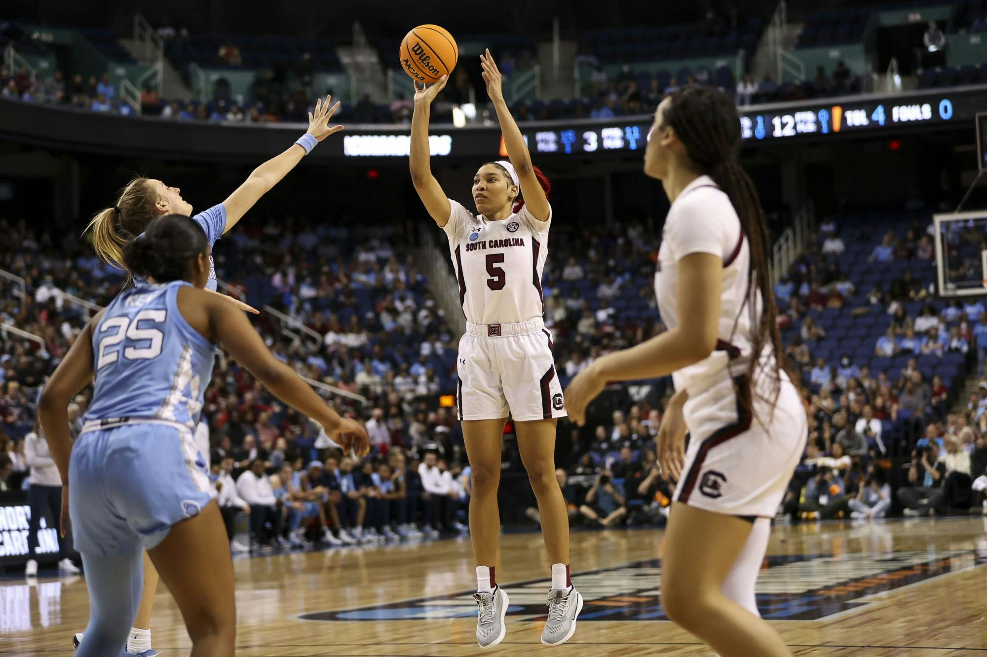Senior forward Victoria Saxton shoots a two-point shot in the third quarter of South Carolina's 69-61 victory over North Carolina in the Sweet Sixteen on March 25, 2022.