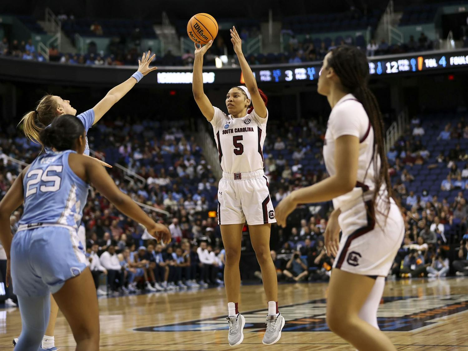 Senior forward Victoria Saxton shoots a two-point shot in the third quarter of South Carolina's 69-61 victory over North Carolina in the Sweet Sixteen on March 25, 2022.