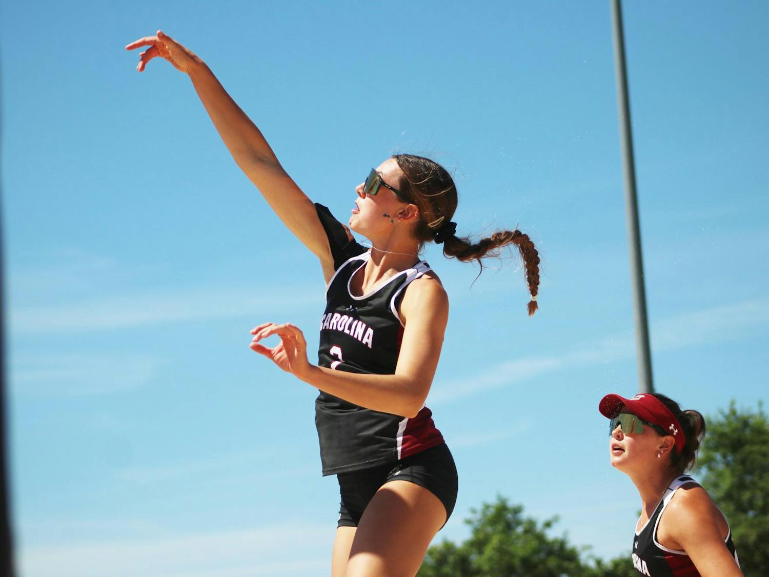 Graduate student Skylar Allen blocks a pass made by Morehead State during a match at Wheeler Beach on April 7, 2024. Allen won her 80th career match and is the fourth Gamecock in program history to reach that total since 2021.