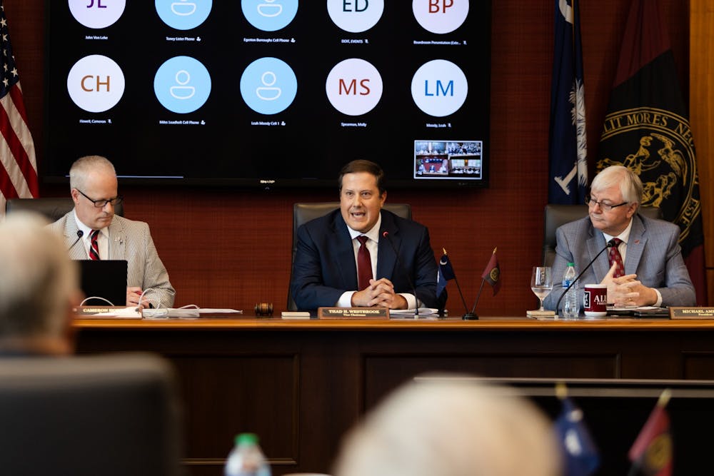 <p>FILE—Newly elected chairman Thad Westbrook speaks to the board of trustees during a meeting on Aug. 19 at the Pastides Alumni Center.</p>