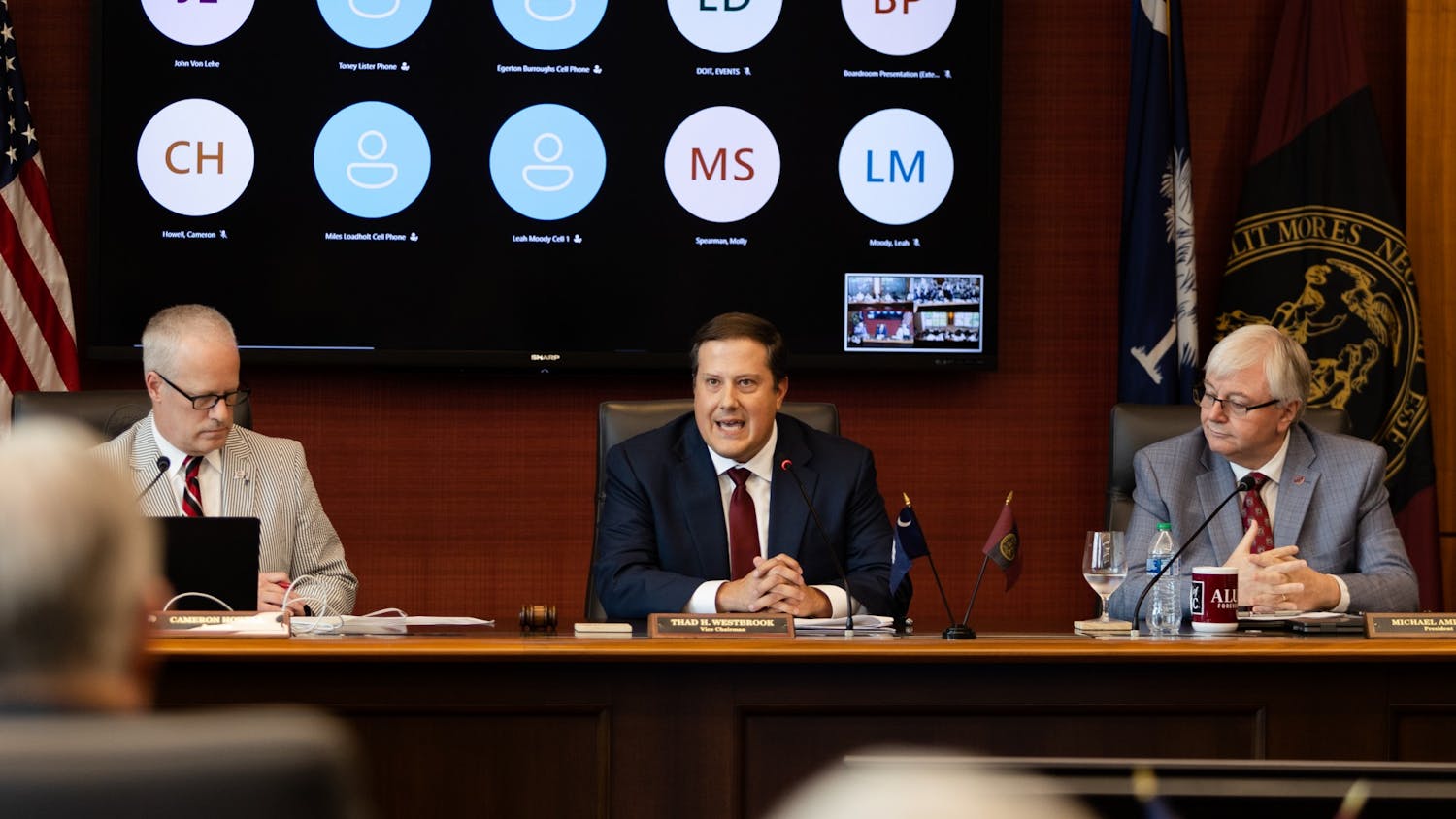 FILE—Newly elected chairman Thad Westbrook speaks to the board of trustees during a meeting on Aug. 19 at the Pastides Alumni Center.