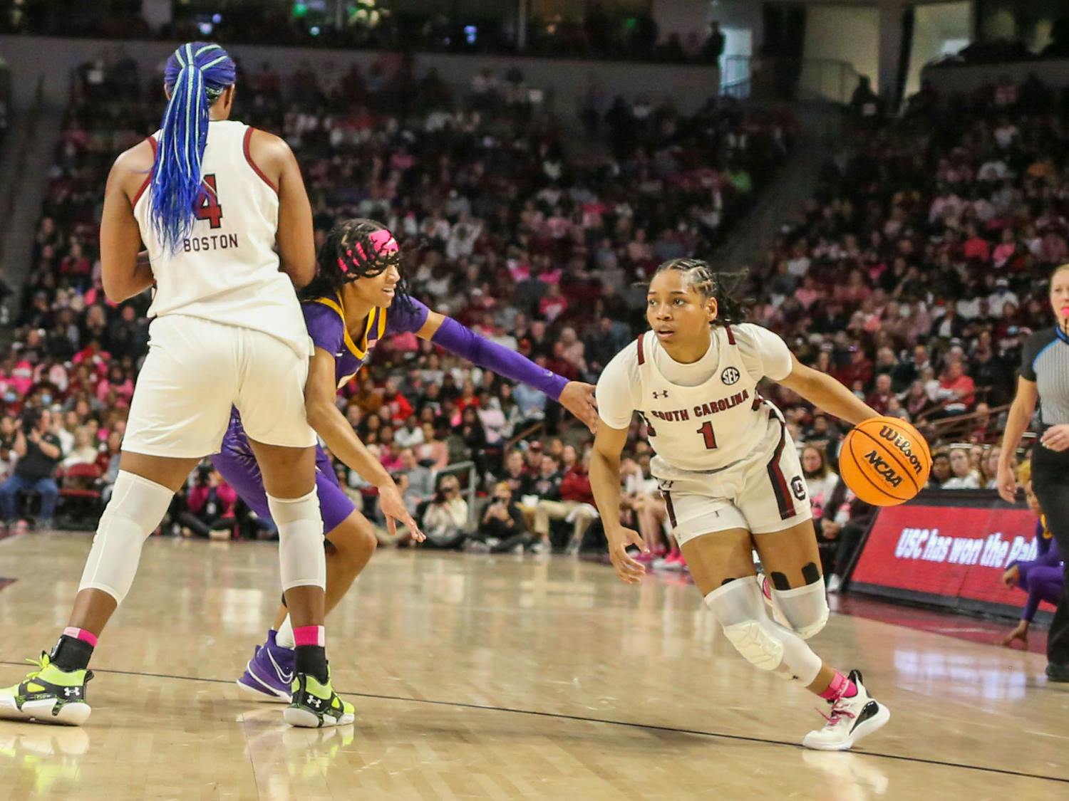 Senior guard Zia Cooke dribbles the ball through a screen set by senior forward Aliyah Boston during South Carolina’s game against LSU at Colonial Life Arena on Feb. 12, 2023. The Gamecocks beat the Tigers 88-64. 