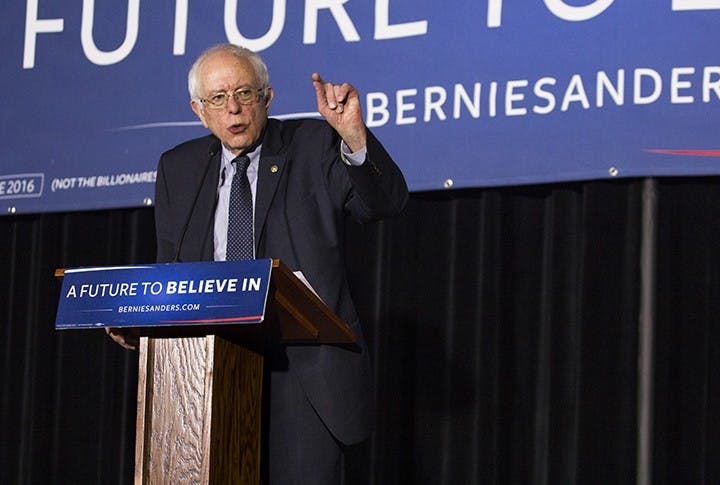 Bernie Sanders addresses supporters in the Russell House Theater.&nbsp;